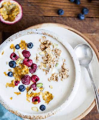 Almond, banana, vanilla yogurt and passion fruit smoothie bowl